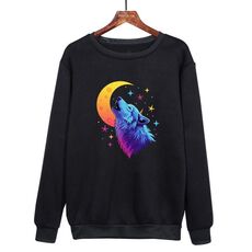 Felpa girocollo casual larga stampata con lupo luna, stampa su richiesta, taglia: XS (nero)
