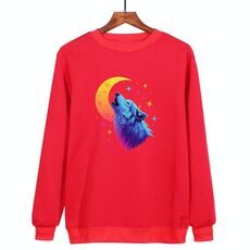 Felpa girocollo casual larga stampata con lupo luna, stampa su richiesta, taglia: XL (rosso)