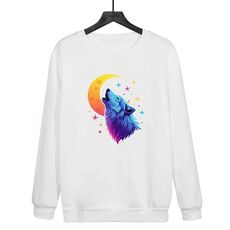 Felpa girocollo casual larga stampata con lupo luna, stampa su richiesta, taglia: XXXL (bianco)
