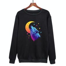 Felpa girocollo casual larga stampata con lupo luna, stampa su richiesta, taglia: XXXL (nero)
