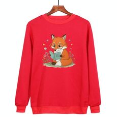 Felpa girocollo casual larga con stampa "Reading Fox" stampata su richiesta, taglia: XS (rosso)