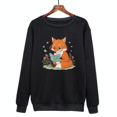 Felpa girocollo casual larga con stampa "Reading Fox" stampata su richiesta, taglia: M (nero)