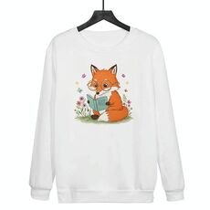 Felpa girocollo casual larga con stampa "Reading Fox" stampata su richiesta, taglia: XL (bianco)