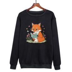Felpa girocollo casual larga con stampa "Reading Fox" stampata su richiesta, taglia: XXL (nero)