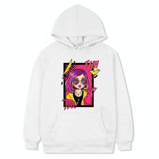 Felpa con cappuccio in pile stampato con ragazza dai capelli viola Stampa su richiesta, taglia: L (bianco)