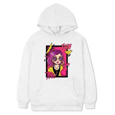 Felpa con cappuccio in pile stampato con ragazza dai capelli viola Stampa su richiesta, taglia: XXXL (bianco)