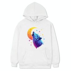 Felpa con cappuccio in pile stampato Moon Wolf Stampa su richiesta, taglia: XS (bianco)