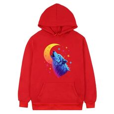 Felpa con cappuccio in pile stampato Moon Wolf Stampa su richiesta, taglia: XS (rosso)
