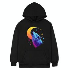 Felpa con cappuccio in pile stampato Moon Wolf Stampa su richiesta, taglia: L (nero)