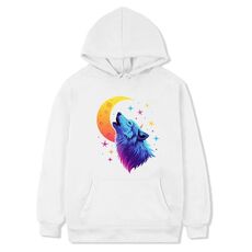 Felpa con cappuccio in pile stampato Moon Wolf Stampa su richiesta, taglia: XXXL (bianco)
