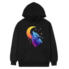 Felpa con cappuccio in pile stampato Moon Wolf Stampa su richiesta, taglia: XXXL (nero)