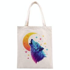 Borsa a mano in tela stampata Moon Wolf su richiesta, dimensioni: 25x20 cm (beige)