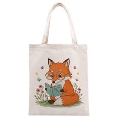 Borsa a mano in tela stampata Reading Fox su richiesta, dimensioni: 30x25 cm (beige)