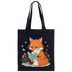Borsa a mano in tela stampata Reading Fox su richiesta, dimensioni: 35x30 cm (nero)