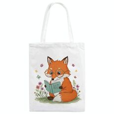 Borsa a mano in tela stampata Reading Fox su richiesta, dimensioni: 40x35 cm (bianco)