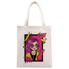 Borsa a mano in tela stampata con ragazza dai capelli viola, stampa su richiesta, dimensioni: 25x20 cm (beige)