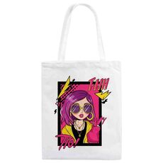 Borsa a mano in tela stampata con ragazza dai capelli viola, stampa su richiesta, dimensioni: 30x25 cm (bianco)