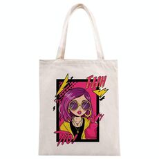 Borsa a mano in tela stampata con ragazza dai capelli viola, stampa su richiesta, dimensioni: 35x30 cm (beige)