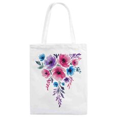 Stampa su tela con fiori ad acquerello su borsa a richiesta, dimensioni: 25x20 cm (bianco)