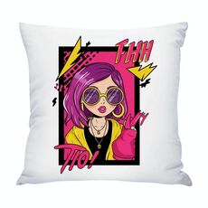 Cuscino per divano stampato con ragazza dai capelli viola con stampa centrale su richiesta, dimensioni: 50x50 cm (raso brillante)