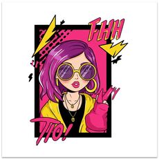 Stampa decorativa su tela EPSON Inkjet 320g senza cornice, ragazza con capelli viola, su richiesta, dimensioni: 80x80 cm