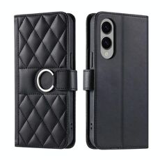 Per Samsung Galaxy S25 Edge 5G Custodia per telefono in pelle con fibbia ad anello e rombi (nero)
