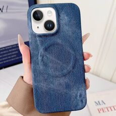 Per iPhone 14 Denim MagSafe Custodia magnetica per PC + PU Custodia per telefono (blu scuro)