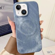 Per iPhone 14 Denim MagSafe Custodia magnetica per PC + PU Custodia per telefono (blu grigiastro)