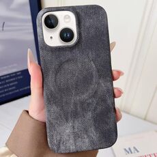 Per iPhone 14 Denim MagSafe Custodia magnetica per PC + PU Custodia per telefono (grigio scuro)
