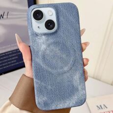 Per iPhone 15 Denim MagSafe Custodia magnetica per PC + PU Custodia per telefono (blu grigiastro)