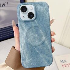 Per iPhone 15 Denim MagSafe Custodia magnetica per PC + PU Custodia per telefono (azzurro chiaro)