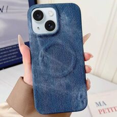 Per iPhone 15 Plus Denim MagSafe Custodia magnetica per PC + PU Custodia per telefono (blu scuro)