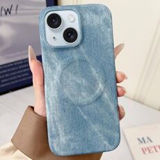 Per iPhone 15 Plus Denim MagSafe Custodia magnetica per PC + PU Custodia per telefono (azzurro chiaro)
