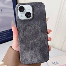 Per iPhone 15 Plus Denim MagSafe Custodia magnetica per PC + PU Custodia per telefono (grigio scuro)