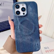 Per iPhone 15 Pro Max Denim MagSafe Custodia magnetica per PC + PU Custodia per telefono (blu scuro)