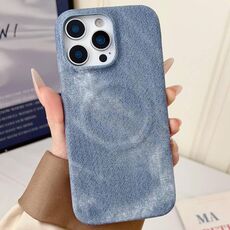 Per iPhone 15 Pro Max Denim MagSafe Custodia magnetica per PC + PU Custodia per telefono (blu grigiastro)