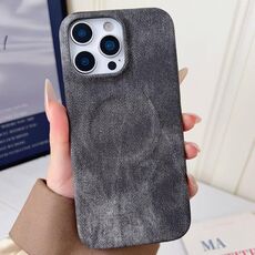Per iPhone 15 Pro Max Denim MagSafe Custodia magnetica per PC + PU Custodia per telefono (grigio scuro)