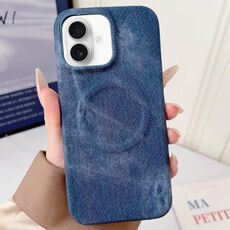 Per iPhone 16 Plus Denim MagSafe Custodia magnetica per PC + PU Custodia per telefono (blu scuro)
