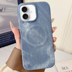 Per iPhone 16 Plus Denim MagSafe Custodia magnetica per PC + PU Custodia per telefono (blu grigiastro)