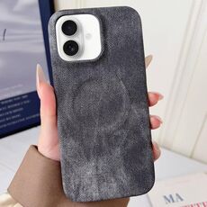 Per iPhone 16 Plus Denim MagSafe Custodia magnetica per PC + PU Custodia per telefono (grigio scuro)