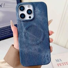 Per iPhone 16 Pro Max Denim MagSafe Custodia magnetica per PC + PU Custodia per telefono (blu scuro)