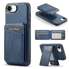 Per iPhone 16e Fierre Shann Custodia per telefono con porta carte magnetico verticale in pelle di mucca (blu)