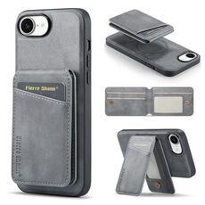 Per iPhone 16e Fierre Shann Custodia per telefono con porta carte magnetico verticale in pelle di mucca (grigio)
