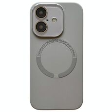 Per iPhone 16 Plus Custodia per telefono in silicone MagSafe con lente in vetro acrilico e finestra piccola (grigio)