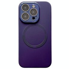 Per iPhone 15 Pro Max Custodia per telefono in silicone MagSafe con piccola finestra in vetro acrilico e lente (viola scuro)