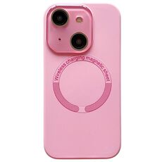 Per iPhone 15 Plus Custodia per telefono in silicone MagSafe con lente in vetro acrilico e finestra piccola (rosa)