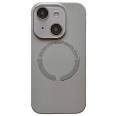 Per iPhone 15 Plus Custodia per telefono in silicone MagSafe con lente in vetro acrilico e finestra piccola (grigio)