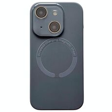 Per iPhone 15 Plus Custodia per telefono in silicone MagSafe con lente in vetro acrilico e finestra piccola (nero carbonio)