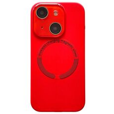 Per iPhone 15 Plus Custodia per telefono in silicone MagSafe con lente in vetro acrilico e finestra piccola (rosso)