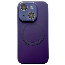Per iPhone 15 Plus Custodia per telefono in silicone MagSafe con lente in vetro acrilico e finestra piccola (viola scuro)